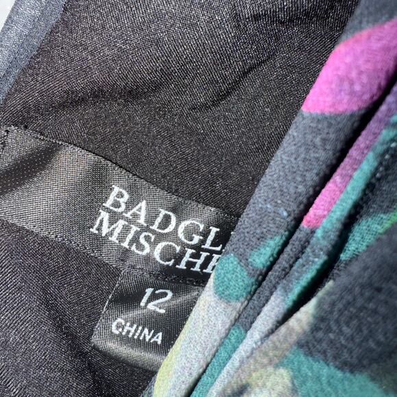 Badgley Mischka Black Floral Print Long Sleeve V-Neck Pleated Chiffon Gown 12 - Picture 14 of 16